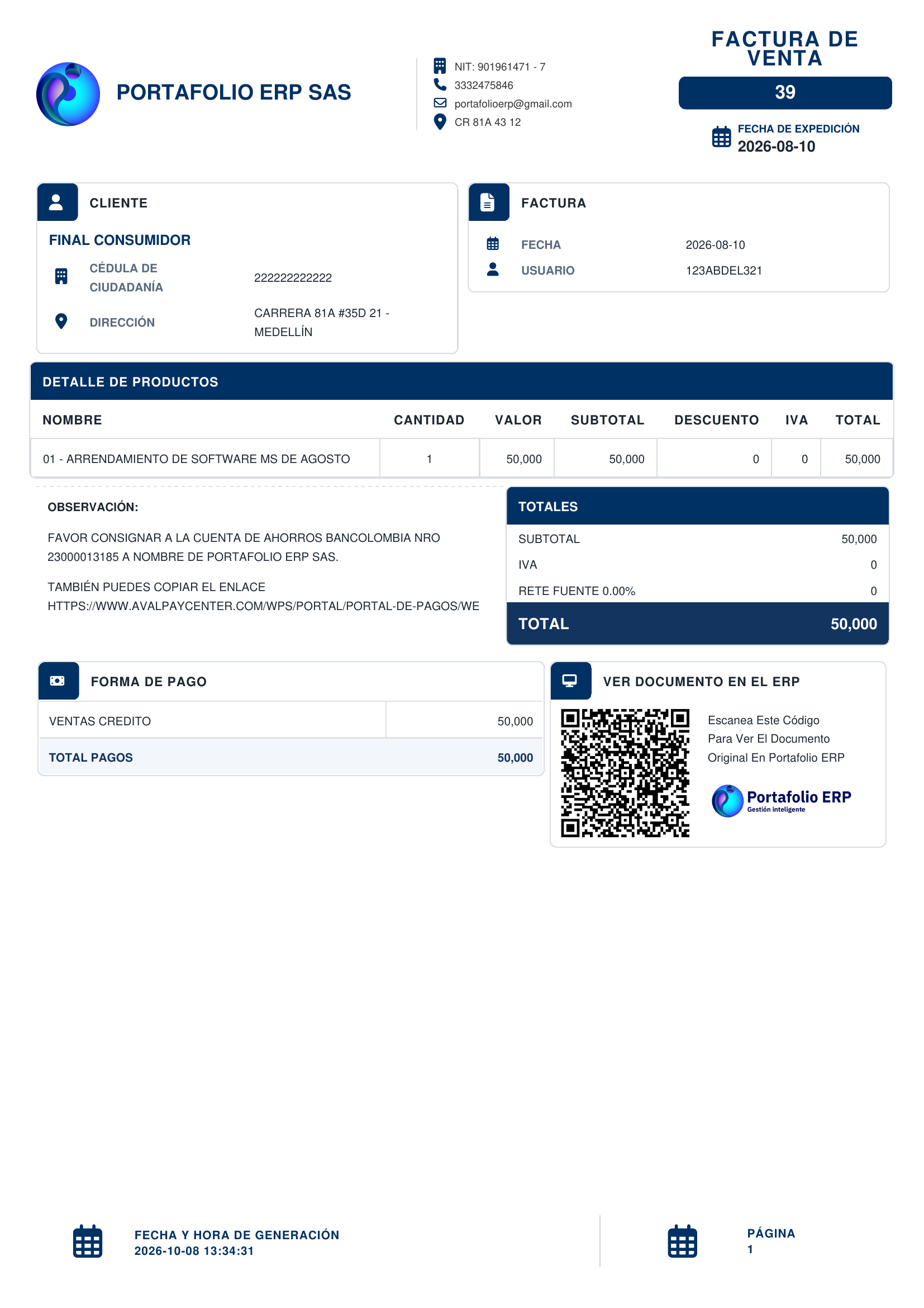 Factura electrónica Portafolio ERP